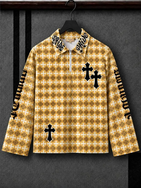 Yellow Cross Print Long Sleeve Quarter-Zip Shirt 1