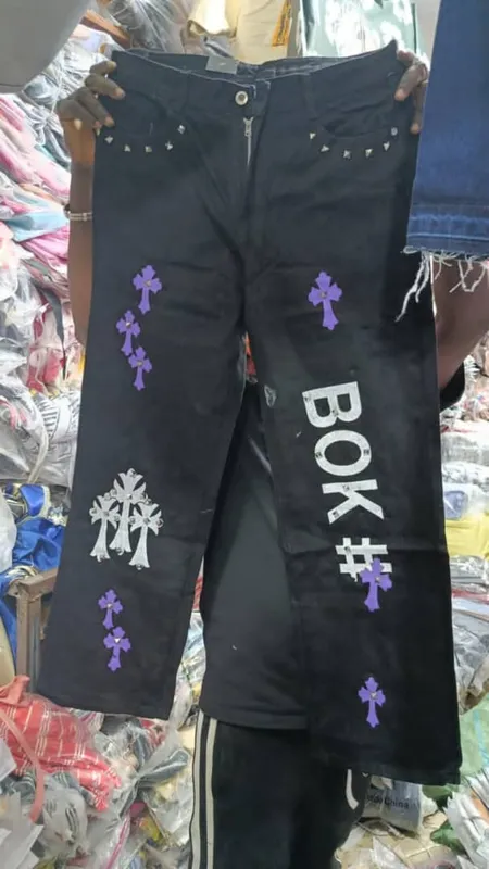 Black Denim Jeans with Cross Print and Studs Design 1