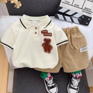 Boys Cream Polo Shirt and Khaki Cargo Shorts Set