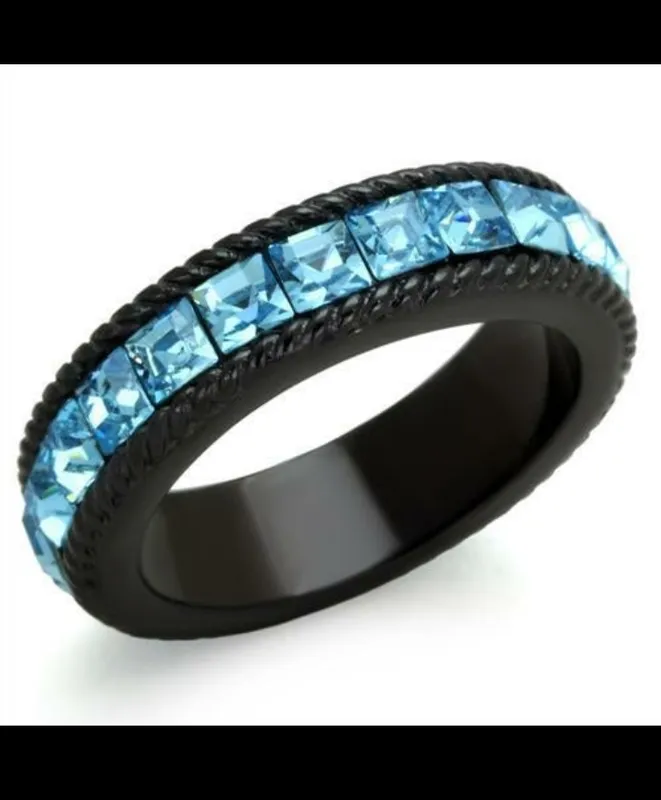 Black Band Ring with Blue Crystal Stones 1