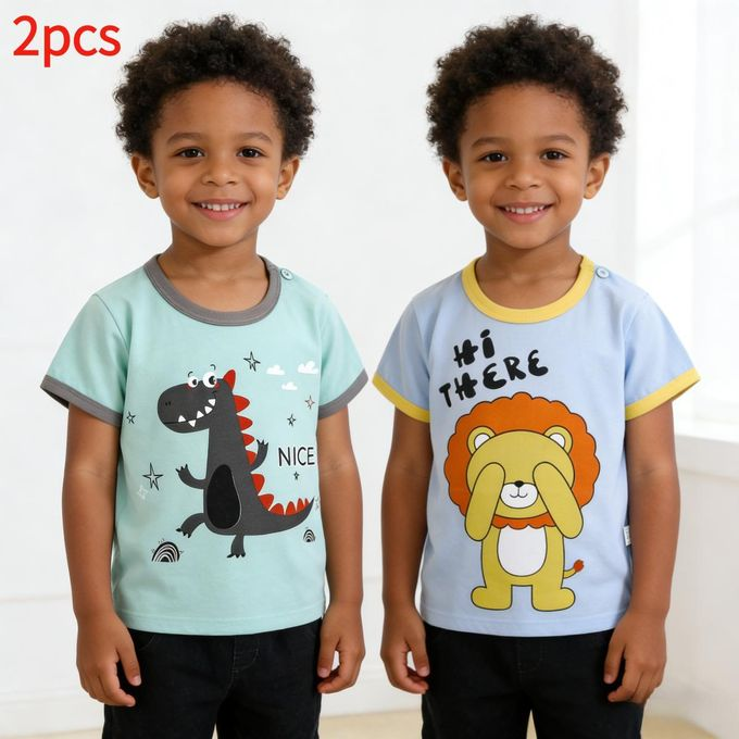 2pcs Kids Boys T-Shirt Set - Dinosaur and Lion Print