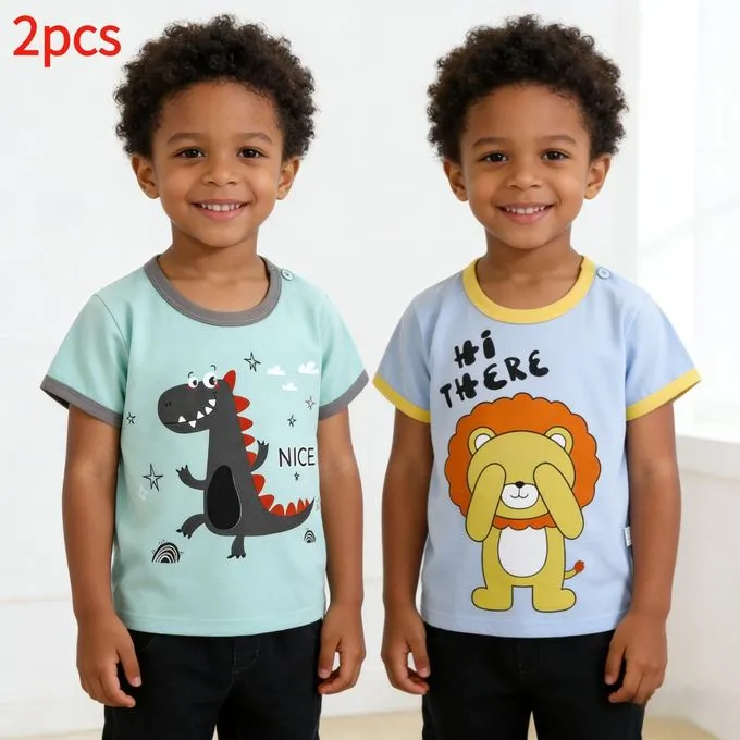 2pcs Kids Boys T-Shirt Set - Dinosaur and Lion Print 1