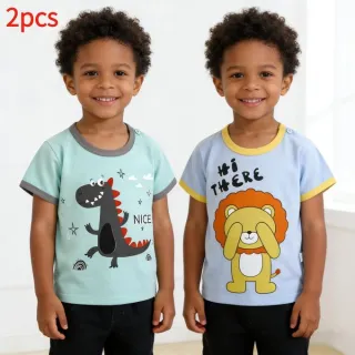 2pcs Kids Boys T-Shirt Set - Dinosaur and Lion Print