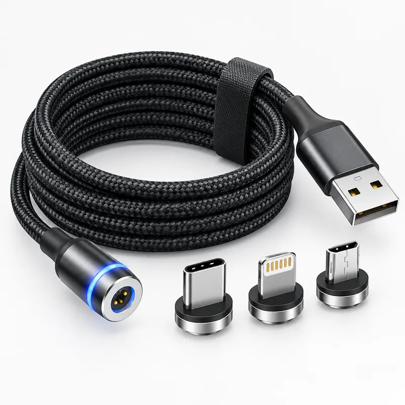 3-in-1 magnetic USB charging cable with interchangeable charging tips for compatible iPhone, USB-C and Micro-USB devices. Braided cable design with a magnetic connector and LED indicator. 3