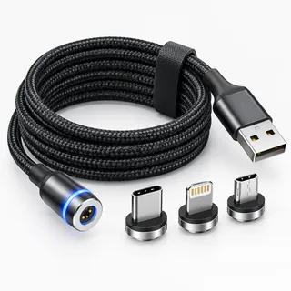 3-in-1 magnetic USB charging cable with interchangeable charging tips for compatible iPhone, USB-C and Micro-USB devices. Braided cable design with a magnetic connector and LED indicator. 3