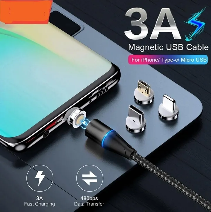 3-in-1 magnetic USB charging cable with interchangeable charging tips for compatible iPhone, USB-C and Micro-USB devices. Braided cable design with a magnetic connector and LED indicator. 1