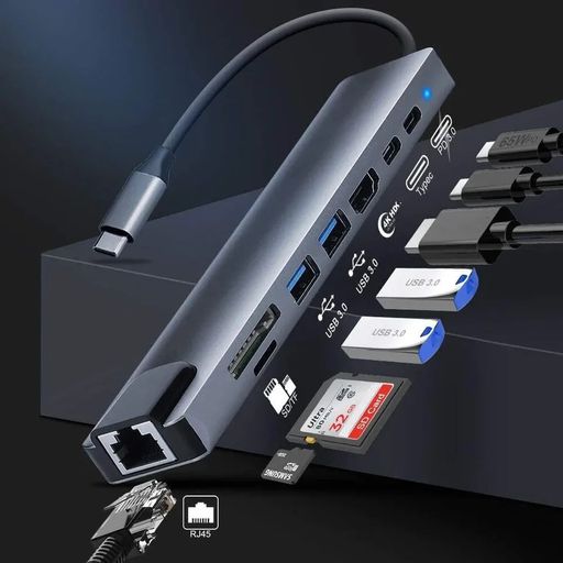 8 in 1 Type C Adapter (for MacBook / iPad / Laptop / any USB - C device)Comes with:* RJ45 Port* SD / TF* USB 3.0* USB 2.0* HDMI * Type C / PD